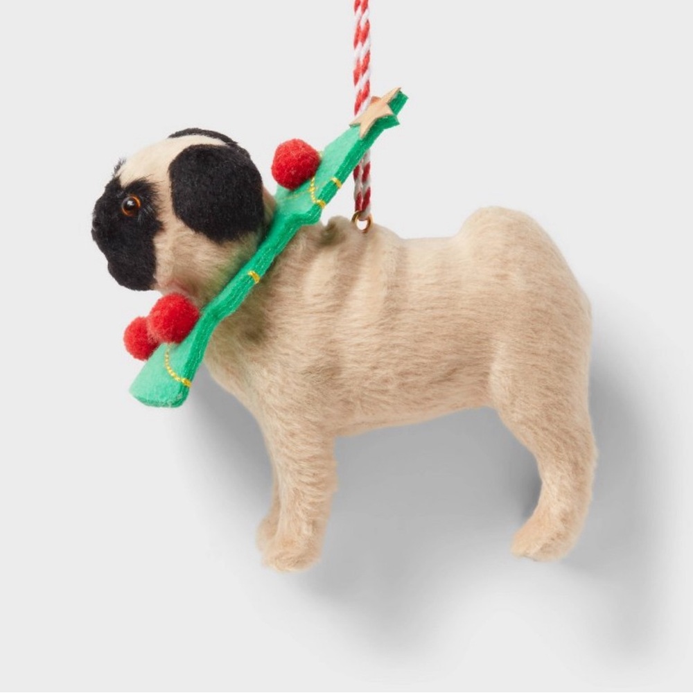 Christmas Fabric Pug With Tree Christmas Ornament. Brand New.